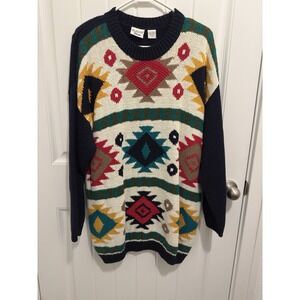 Backroad Blues Vintage Women's Colorful Long‎ Sweater Aztec Design Size 20w